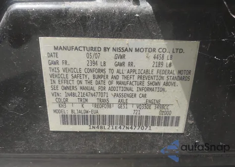 2007 Nissan Altima 3.5 Se из США, поврежденный, VIN 1N4BL21E47N477071